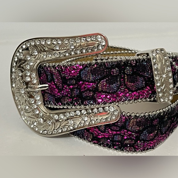 Nocona | Pink and Black Lace with Rhinestone Buckle Belt - Picture 7 of 9